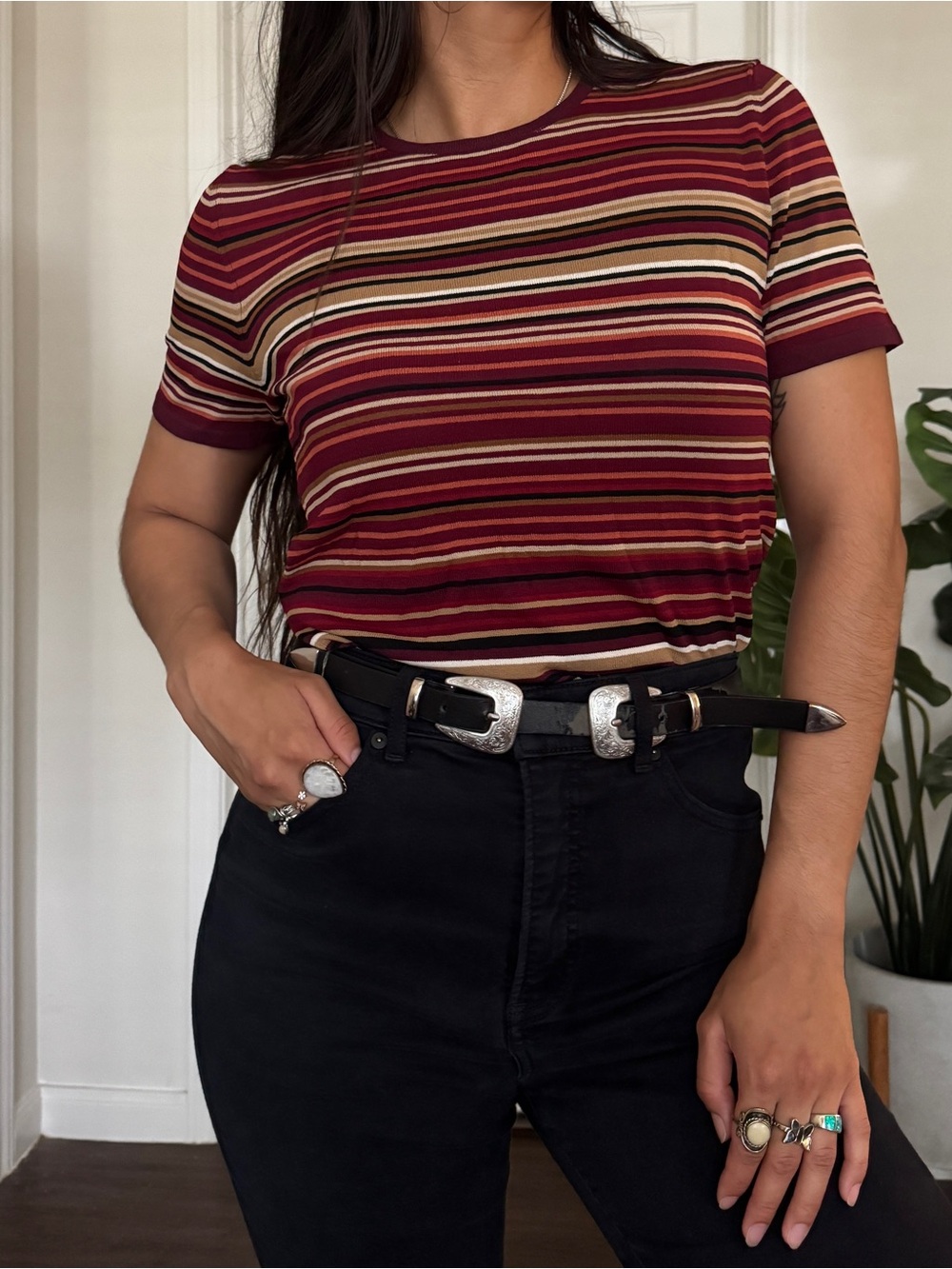 90s Multicolor Striped Women’s Short Sleeve Shirt Hippie Retro Size S